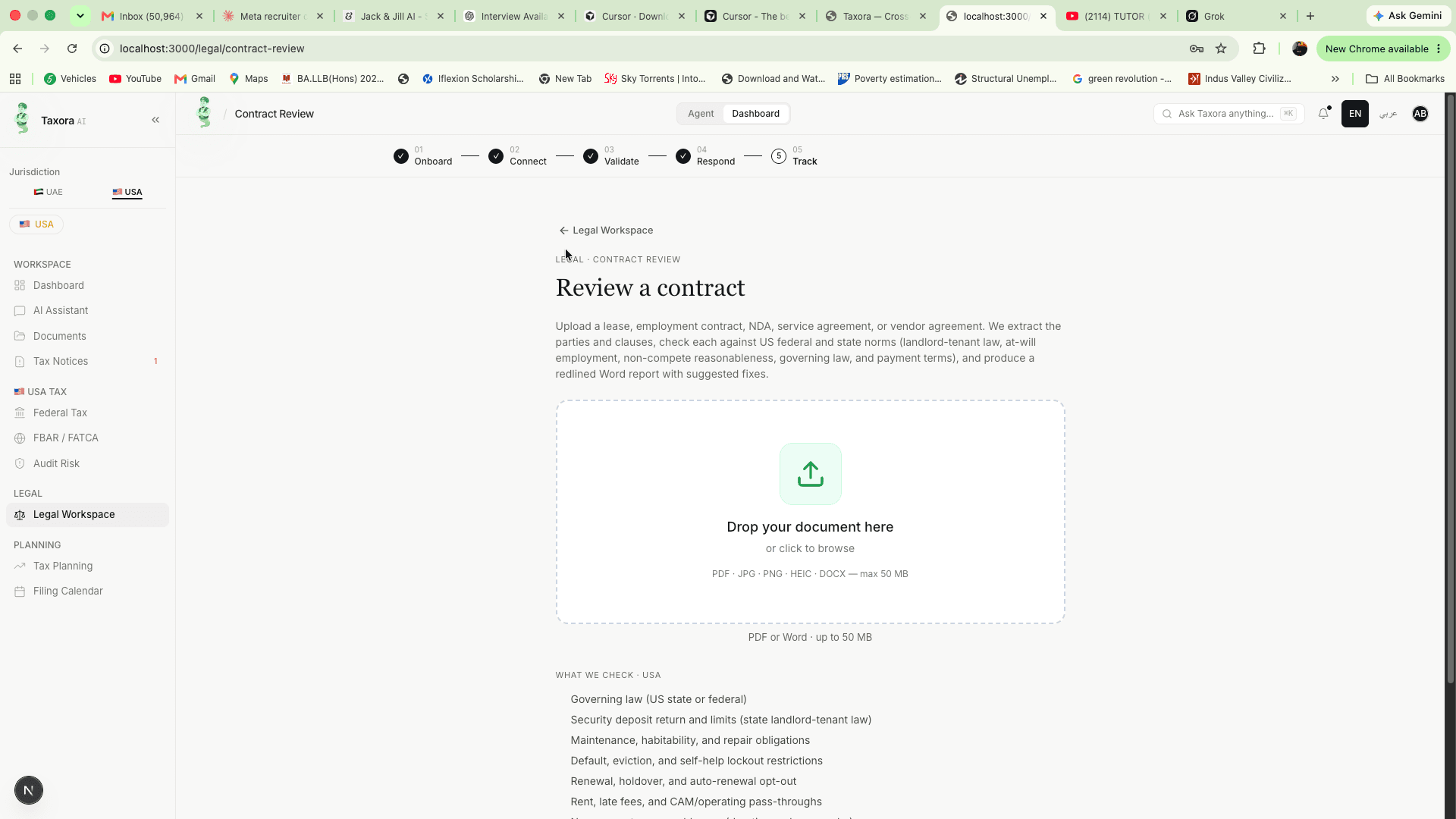 Contract review upload dropzone with dual jurisdiction sidebar for UAE and USA.
